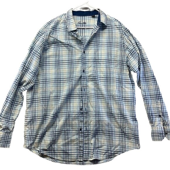 Tasso Elba Button Up Dress Shirt Mens XL Tall Blue Check Plaid 100% Cotton - Picture 1 of 4